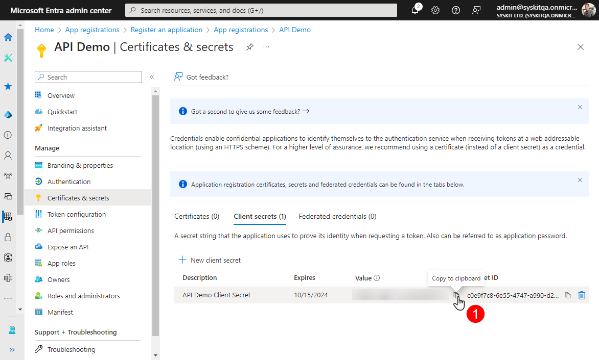 Copy client secret value